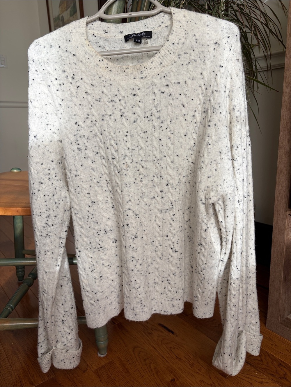 White Speckled Cable-Knit Crewneck Sweater